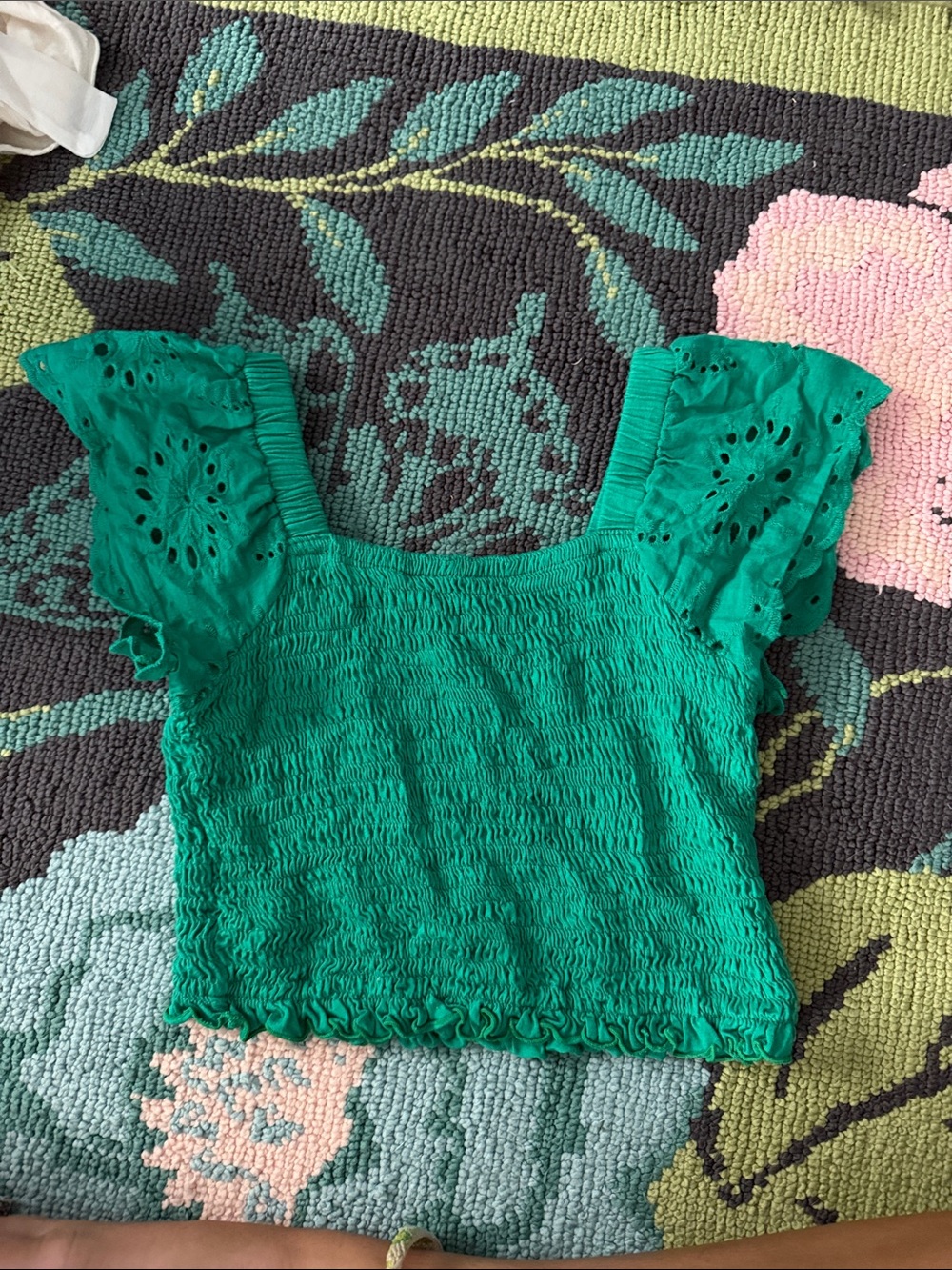 Girls' Emerald Smocked Eyelet Flutter Sleeve Crop Top